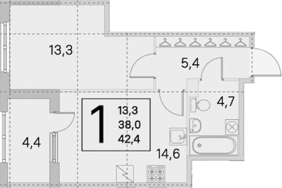 1-комнатная квартира 38 м², 1/5 эт., ЖК «ЮгТаун. Олимпийские кварталы»